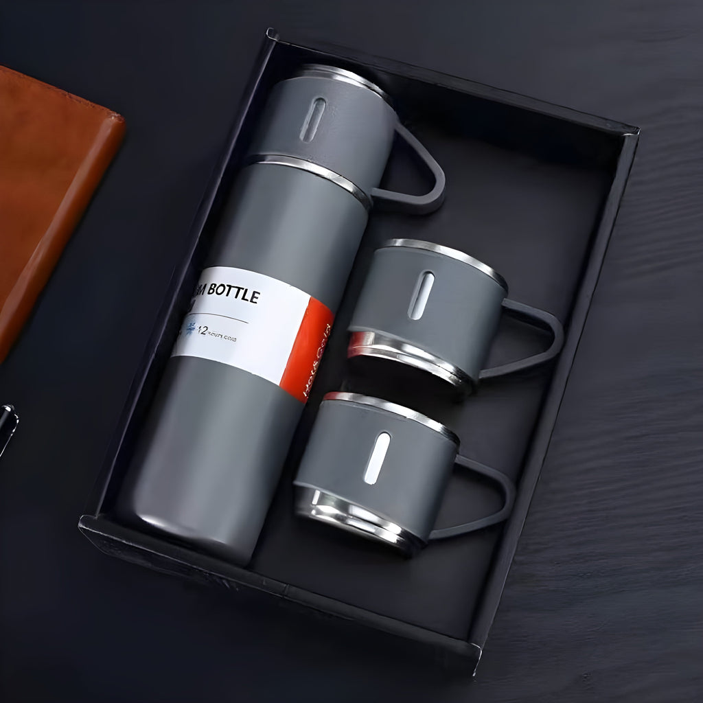 Customized Stainless Steel Vacuum Flask Set with 3 Cups – 500ML | Personalized Name Bottle Gift Combo for Boyfriend, Girlfriend, Employee