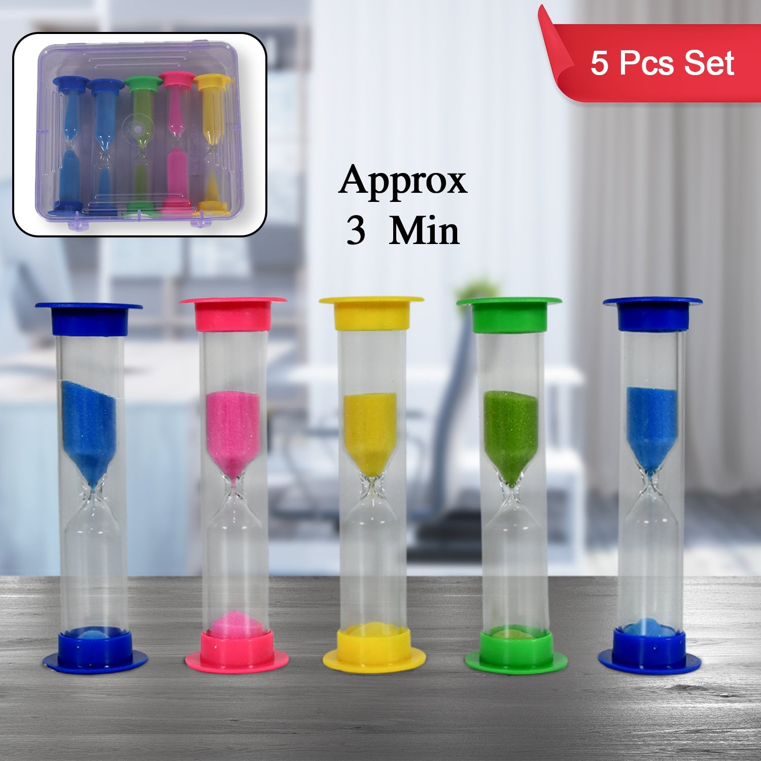 Plastic Hourglass Sand Timer Set – 3-Min Sand Clock for Kitchen, Office, School & Kids (5 Pc)