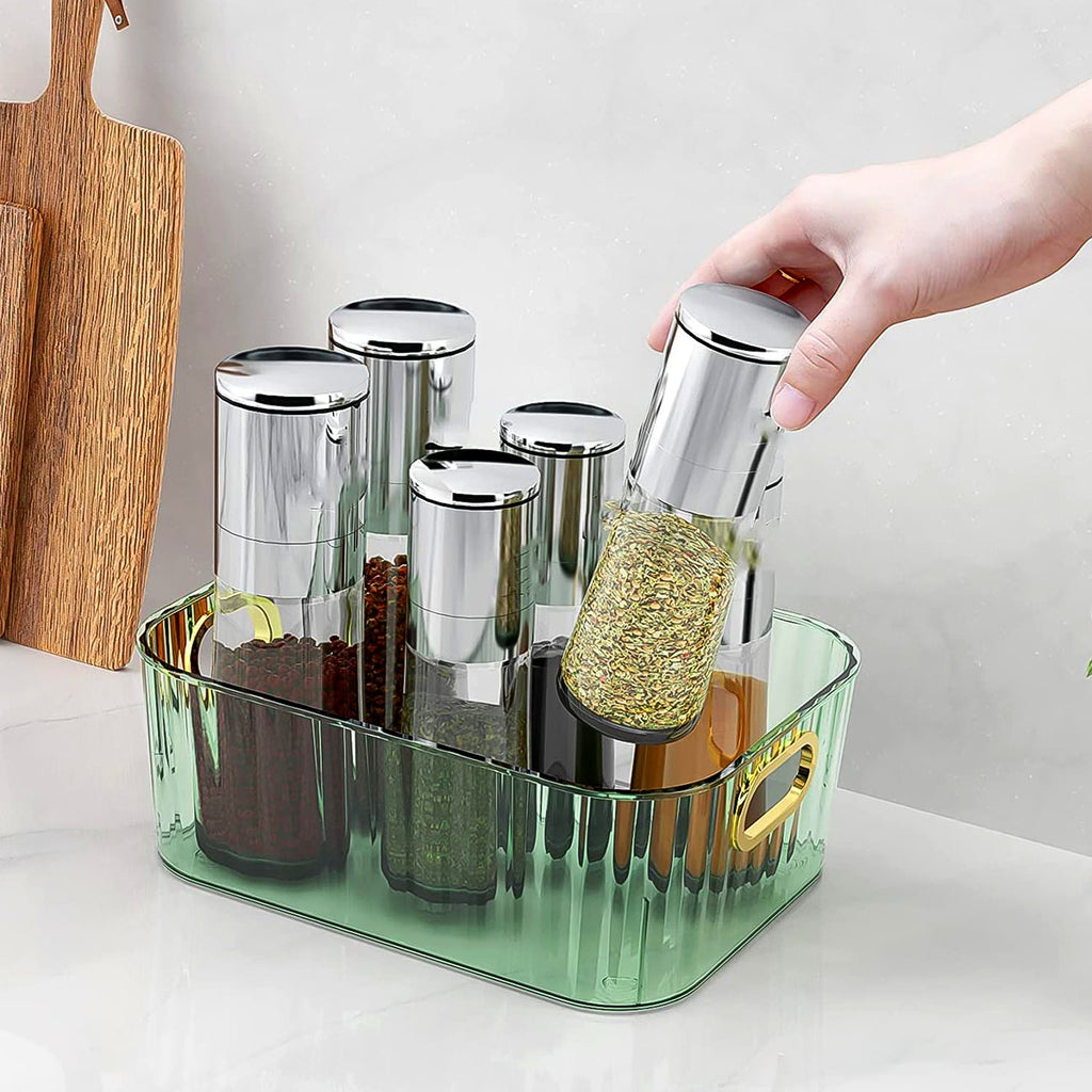 Premium Ribbed Transparent Storage Basket with Gold Handle – Multipurpose Kitchen &amp; Home Organizer Box