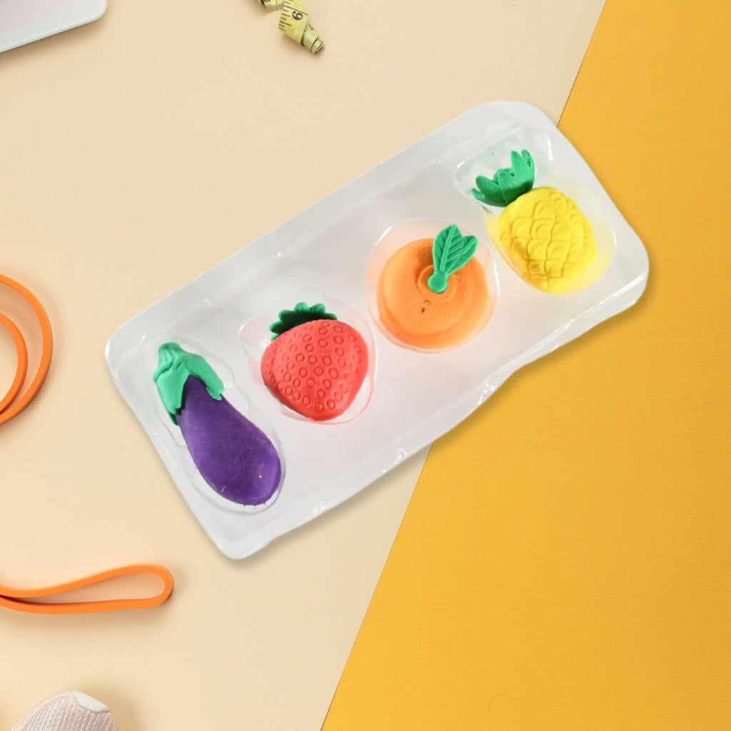 Mini Cute Veg & Fruit Erasers – 3D Colorful Eraser Set for Kids (4 Pc)