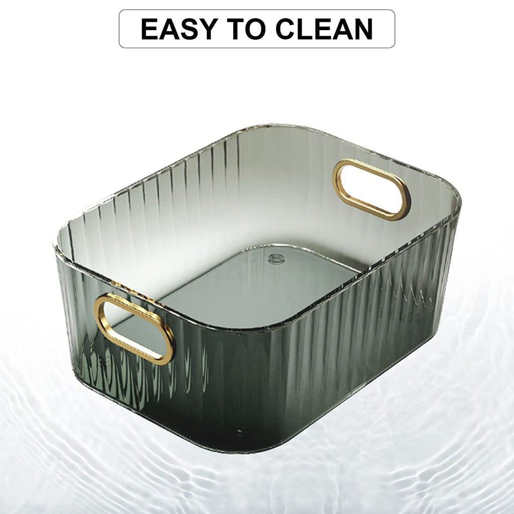 Premium Ribbed Transparent Storage Basket with Gold Handle – Multipurpose Kitchen &amp; Home Organizer Box