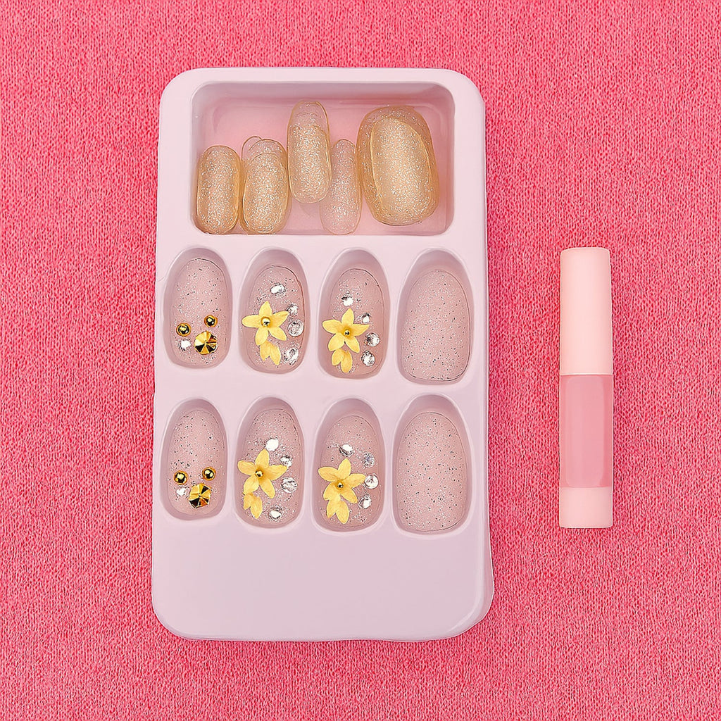Premium Glitter 3D Floral Press-On Artificial Nail Tips with Nail Glue (1 Set)