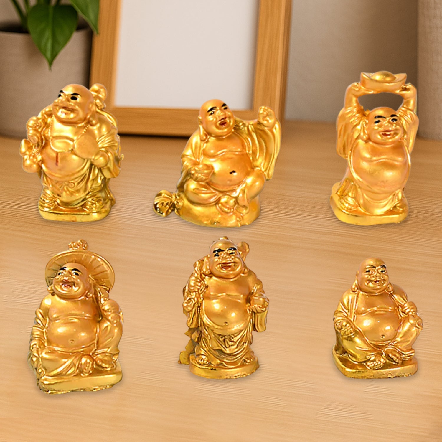 Golden Laughing Buddha Set Of Six Pieces Statue For Happiness, Wealth & Good luck Decor For Wealth and Success (6 Pcs Set)