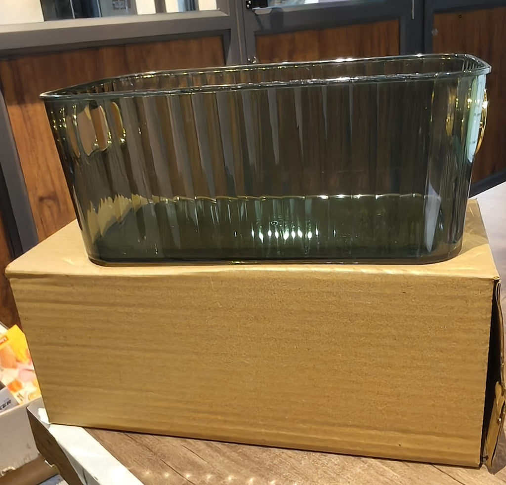 Premium Ribbed Transparent Storage Basket with Gold Handle – Multipurpose Kitchen &amp; Home Organizer Box