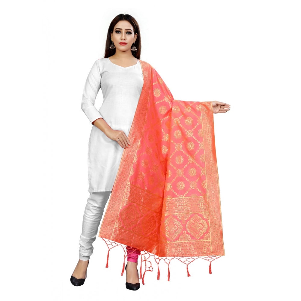 Generic Women's Banarasi Silk Floral Printed Dupatta (Peach, Length:2-2.4 mtr)
