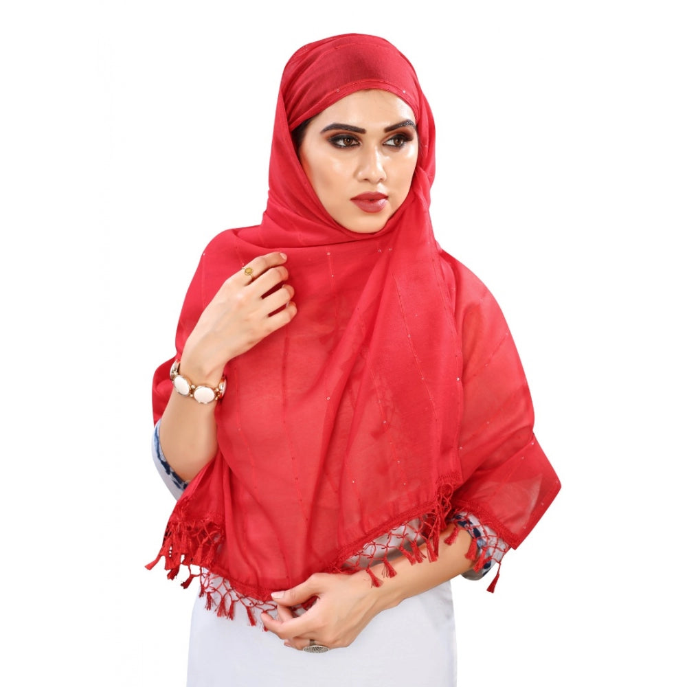Generic Women's Cotton Silk Strips Printed Dupatta (Red, Length:2-2.4 mtr)