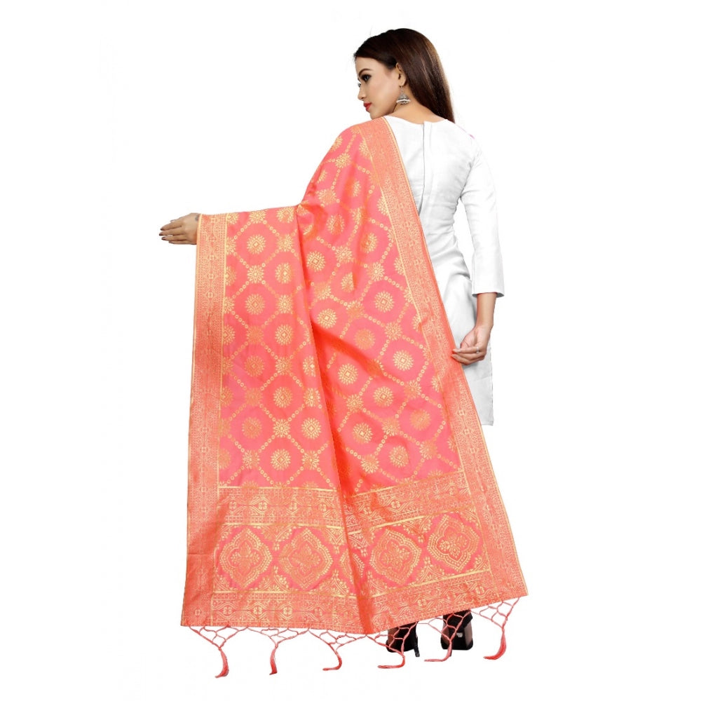 Generic Women's Banarasi Silk Floral Printed Dupatta (Peach, Length:2-2.4 mtr)