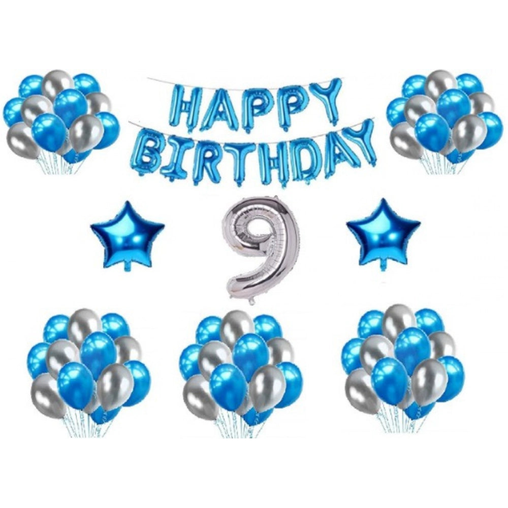 Generic 9Th Happy Birthday Decoration Combo With Foil And Star Balloons (Blue, Silver)