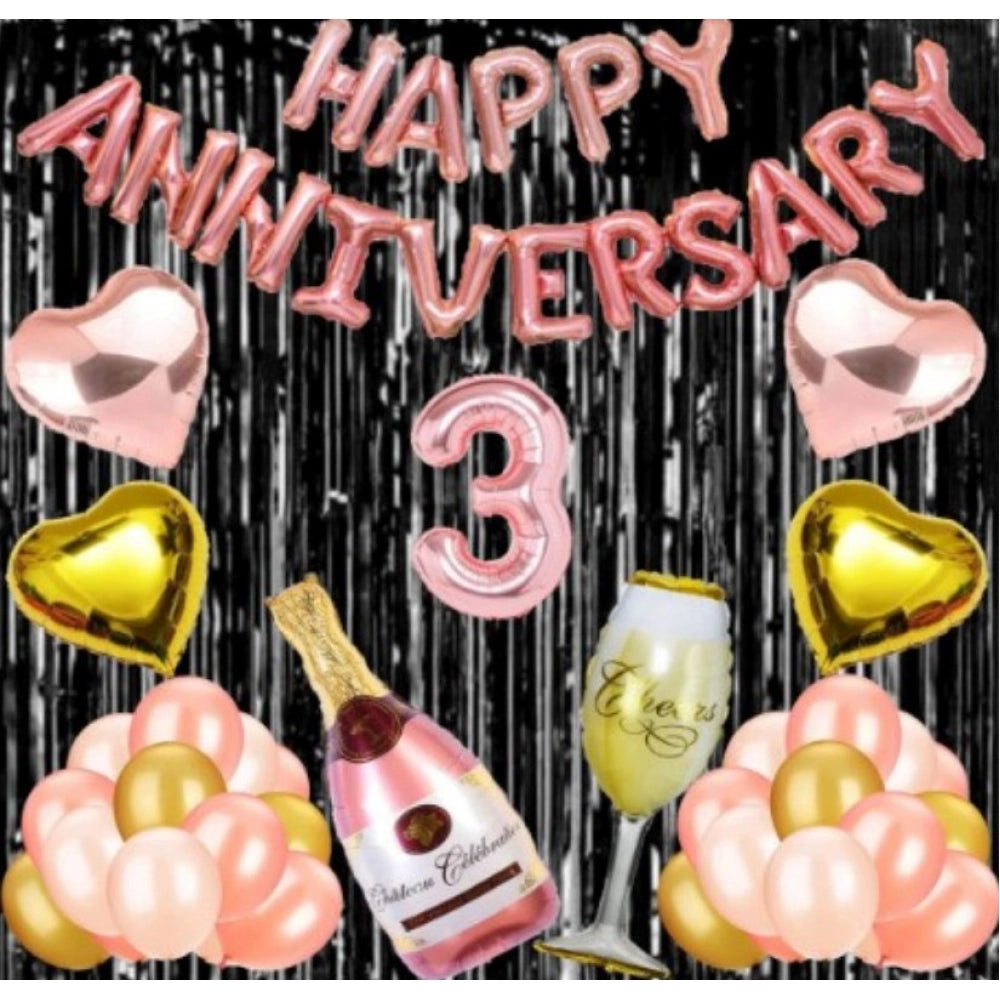 Generic 3Rd Anniversary Rose Gold Foil Balloons With Happy Decoration Items Set (Rose Gold)