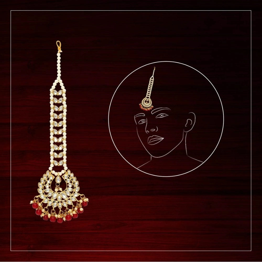Generic Women's Red Color Imitation Pearl &amp; Kundan Maang Tikka