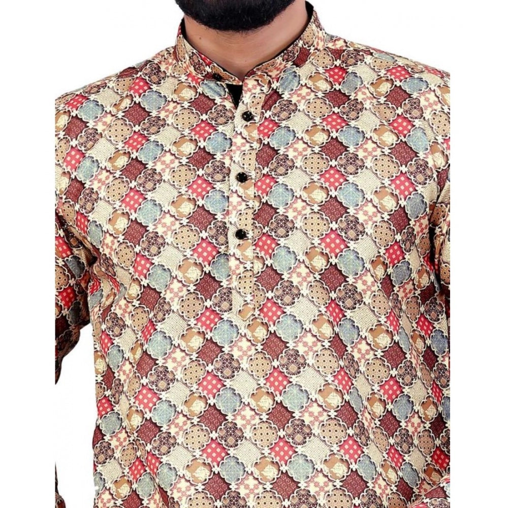 Generic Men's Cotton Blended Printed Full Sleeve Shortkurta (Multicolor)