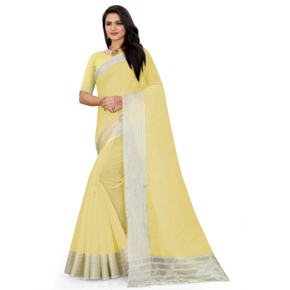 Generic Women's Cotton Jute Self Design Saree With Unstitched Blouse 5.5Mtr (Yellow)