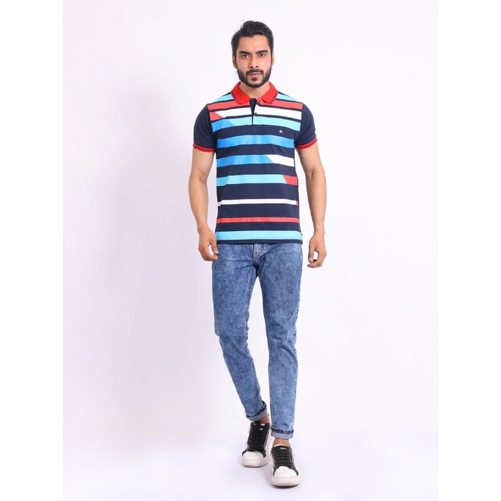 Generic Men's Casual Cotton Printed Polo Neck Half Sleeve T-Shirt (Navy)