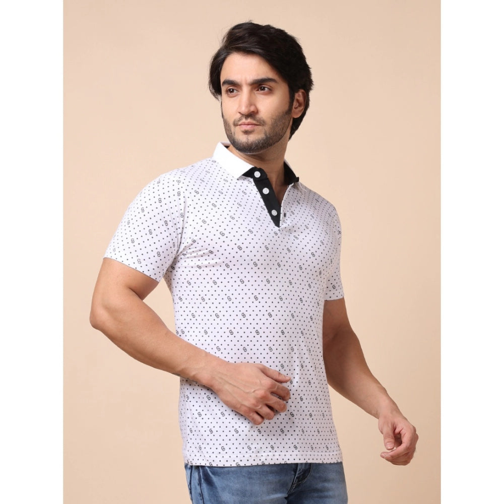Generic Men's Casual Cotton Printed Polo Neck Half Sleeve T-Shirt (White)