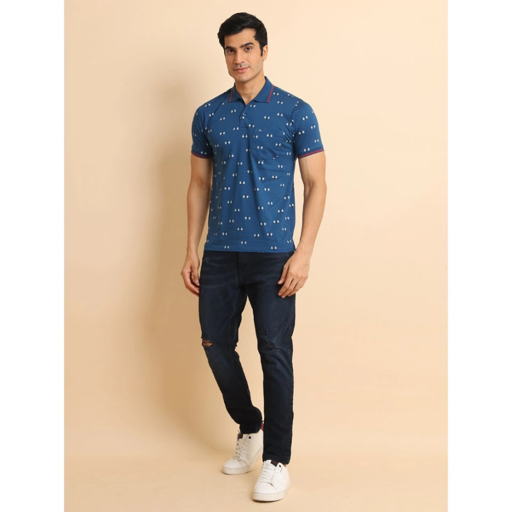 Generic Men's Casual Cotton Printed Polo Neck Half Sleeve T-Shirt (Blue)