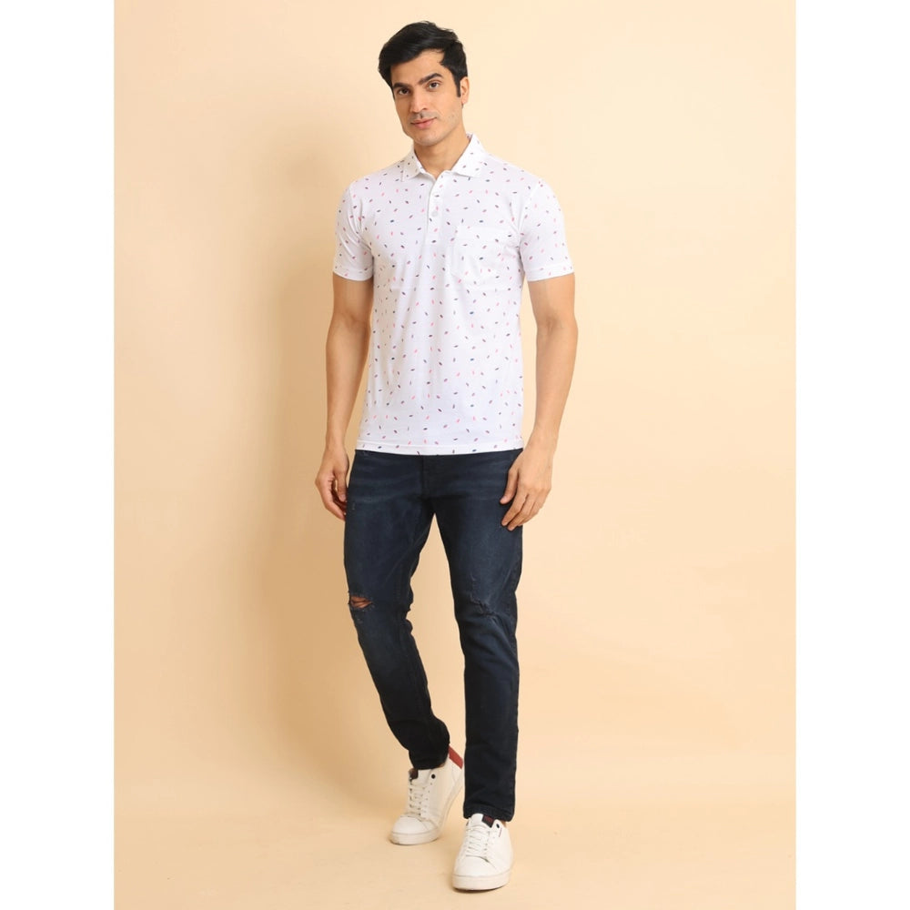 Generic Men's Casual Cotton Printed Polo Neck Half Sleeve T-Shirt (White)