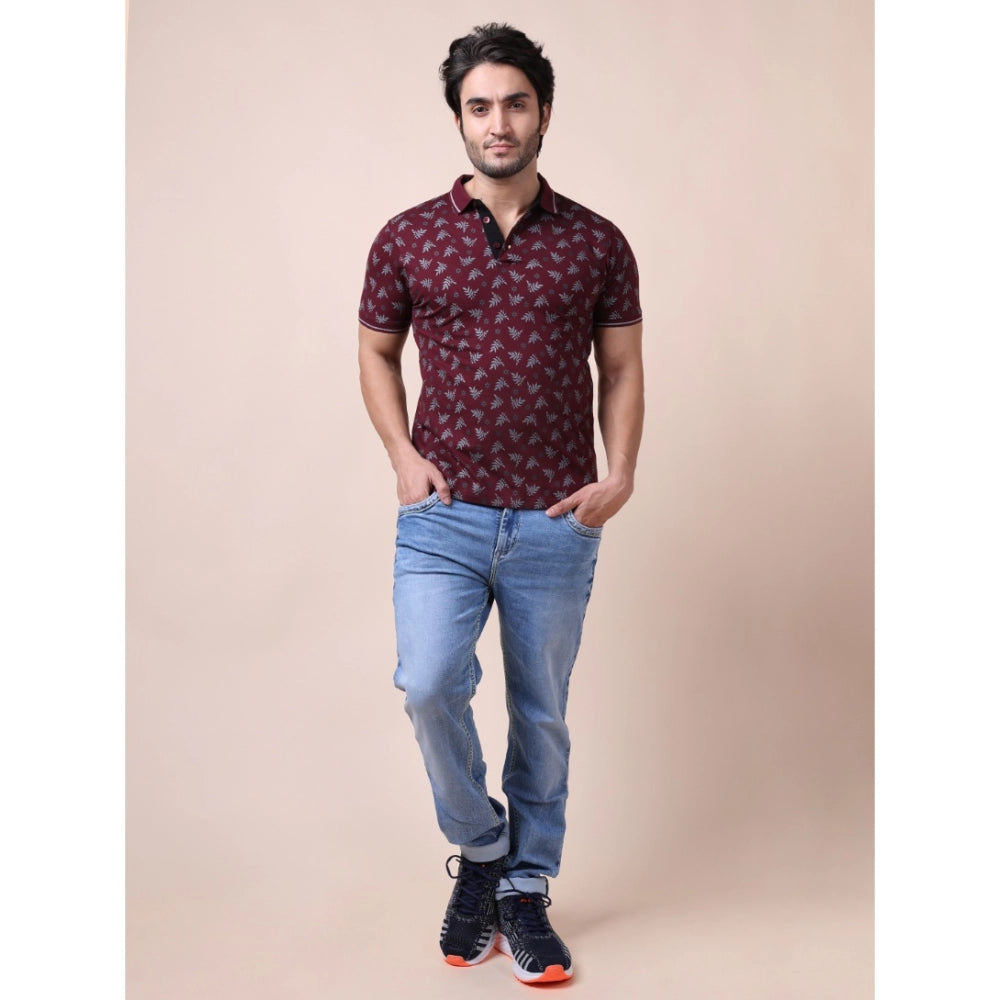 Generic Men's Casual Cotton Printed Polo Neck Half Sleeve T-Shirt (Plum)