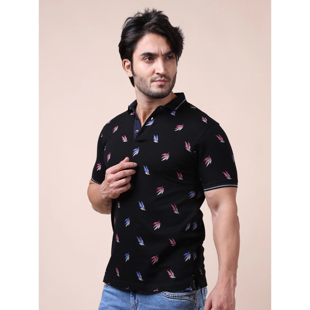 Generic Men's Casual Cotton Printed Polo Neck Half Sleeve T-Shirt (Black)
