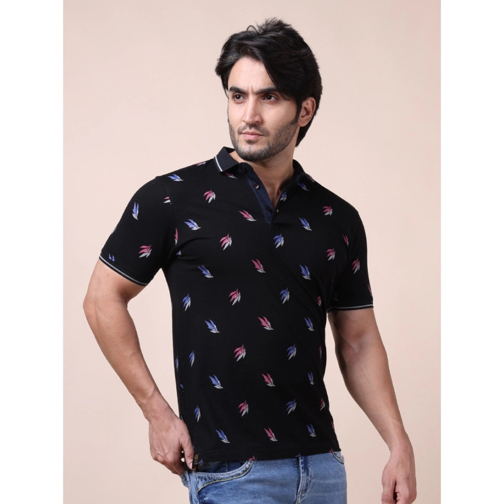 Generic Men's Casual Cotton Printed Polo Neck Half Sleeve T-Shirt (Black)