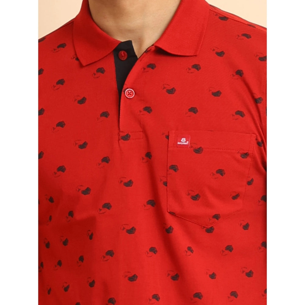 Generic Men's Casual Cotton Printed Polo Neck Half Sleeve T-Shirt (Red)