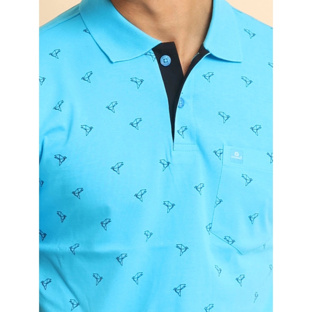 Generic Men's Casual Cotton Printed Polo Neck Half Sleeve T-Shirt (Skyblue)
