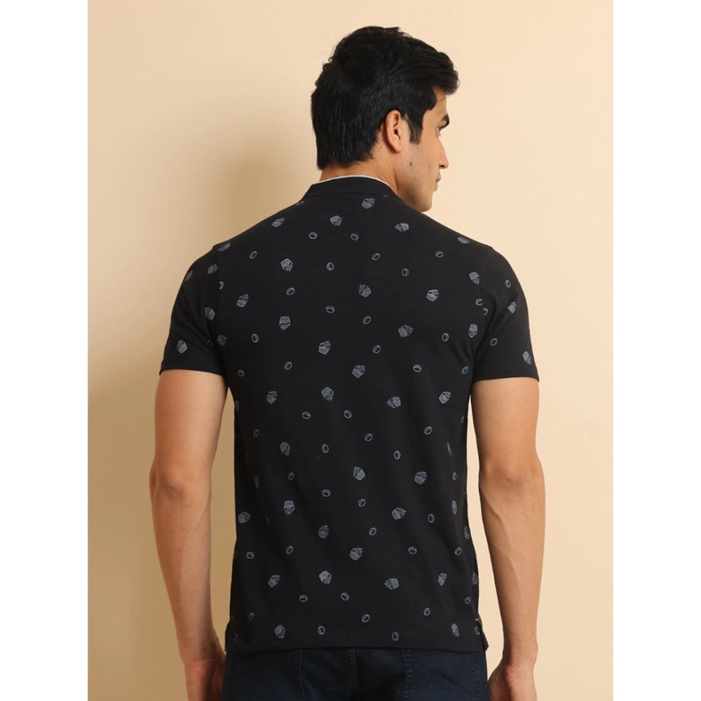 Generic Men's Casual Cotton Printed Mandarin Collar Half Sleeve T-Shirt (Black)