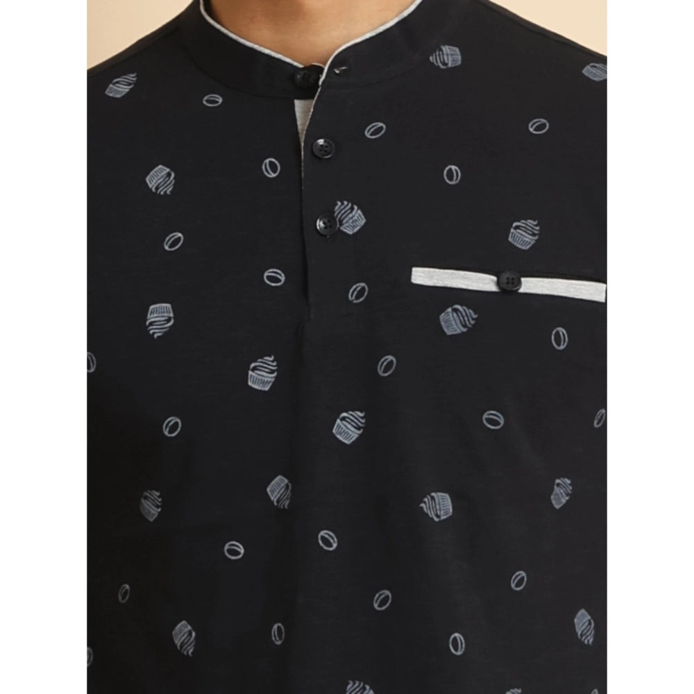 Generic Men's Casual Cotton Printed Mandarin Collar Half Sleeve T-Shirt (Black)