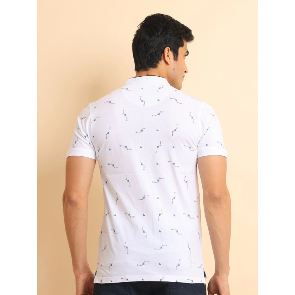 Generic Men's Casual Cotton Printed Mandarin Collar Half Sleeve T-Shirt (White)