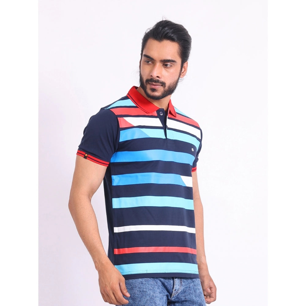 Generic Men's Casual Cotton Printed Polo Neck Half Sleeve T-Shirt (Navy)