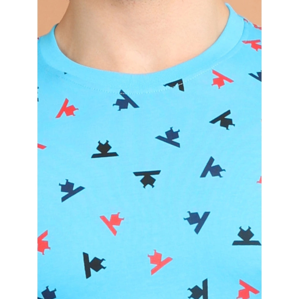 Generic Men's Casual Cotton Printed Round Neck Half Sleeve T-Shirt (Skyblue)