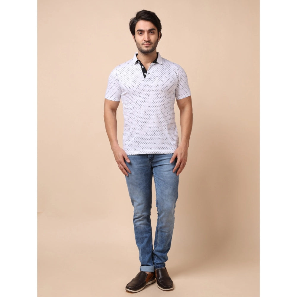 Generic Men's Casual Cotton Printed Polo Neck Half Sleeve T-Shirt (White)