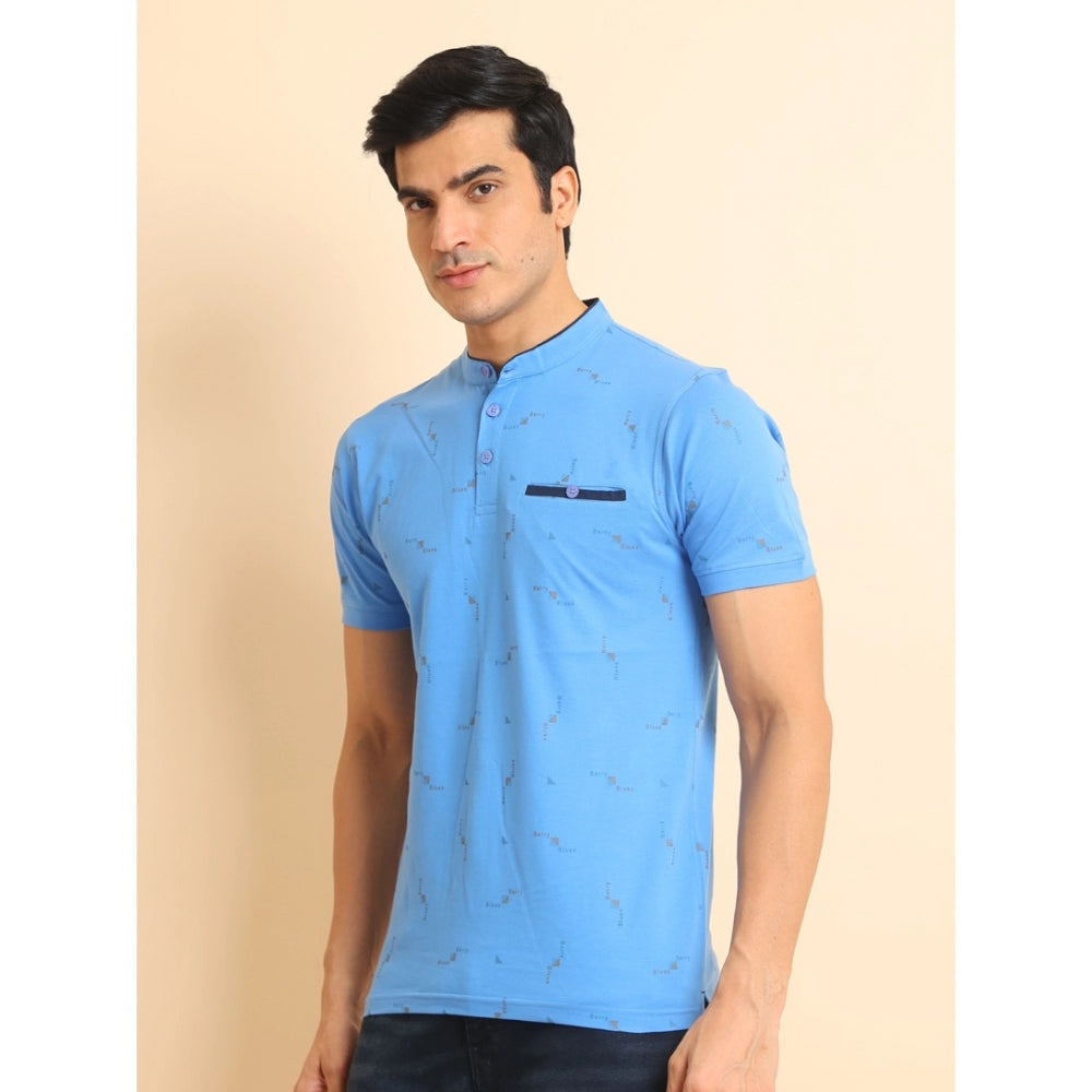 Generic Men's Casual Cotton Printed Mandarin Collar Half Sleeve T-Shirt (LightBlue)