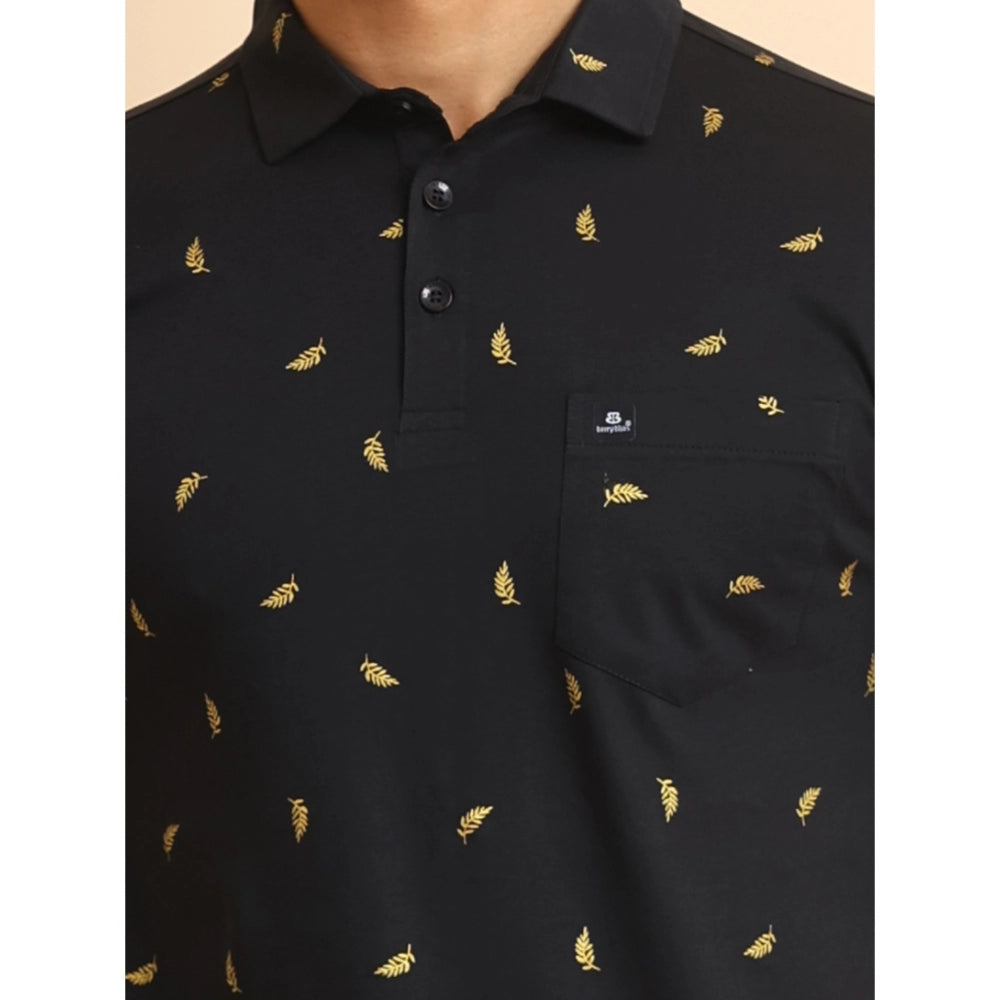 Generic Men's Casual Cotton Printed Polo Neck Half Sleeve T-Shirt (Black)