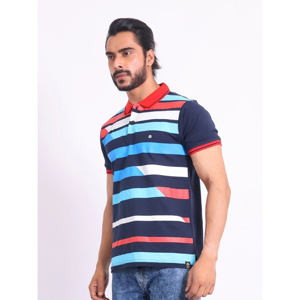 Generic Men's Casual Cotton Printed Polo Neck Half Sleeve T-Shirt (Navy)