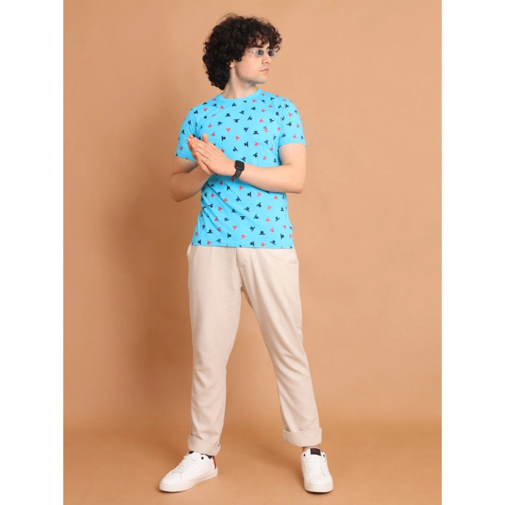 Generic Men's Casual Cotton Printed Round Neck Half Sleeve T-Shirt (Skyblue)