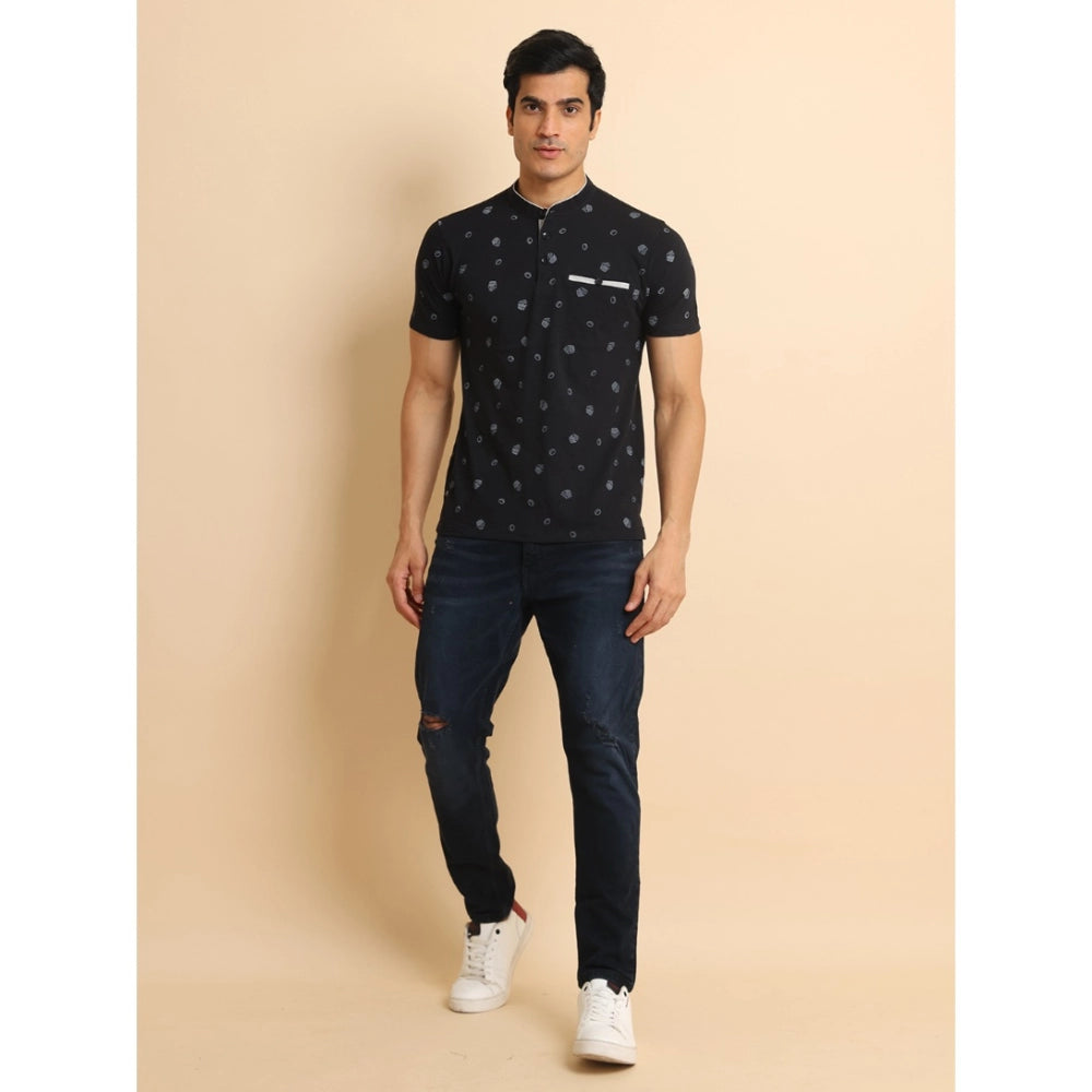 Generic Men's Casual Cotton Printed Mandarin Collar Half Sleeve T-Shirt (Black)