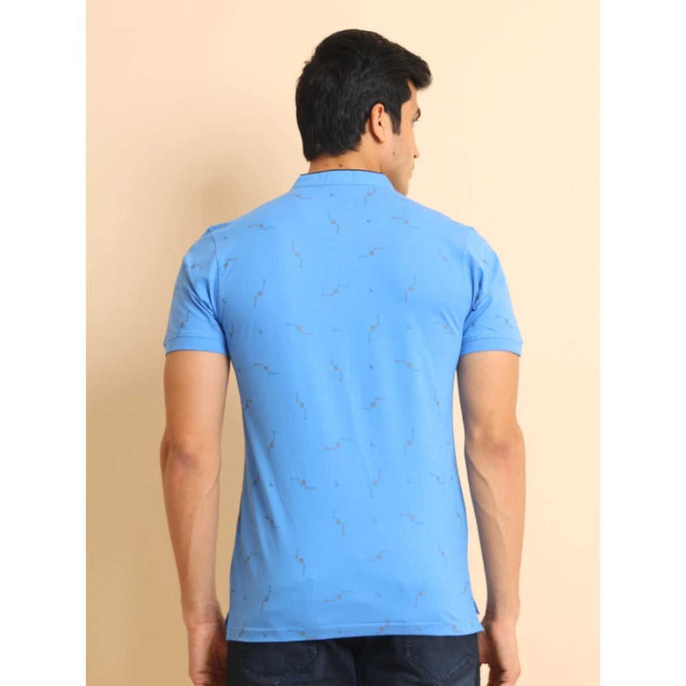 Generic Men's Casual Cotton Printed Mandarin Collar Half Sleeve T-Shirt (LightBlue)