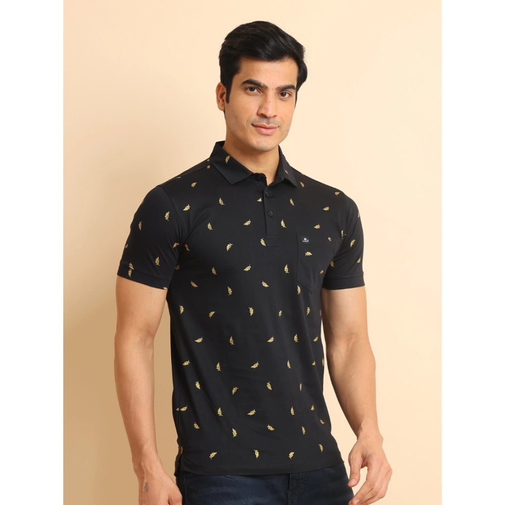 Generic Men's Casual Cotton Printed Polo Neck Half Sleeve T-Shirt (Black)