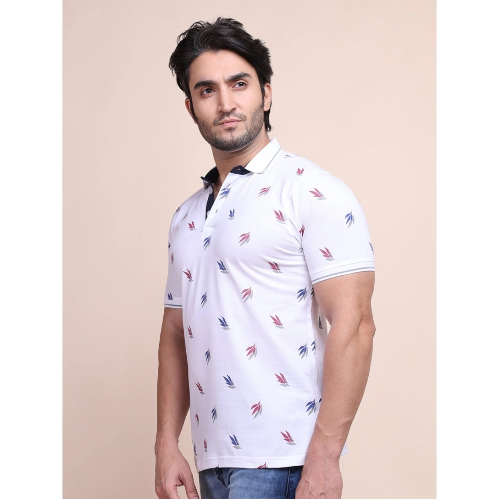 Generic Men's Casual Cotton Printed Polo Neck Half Sleeve T-Shirt (White)