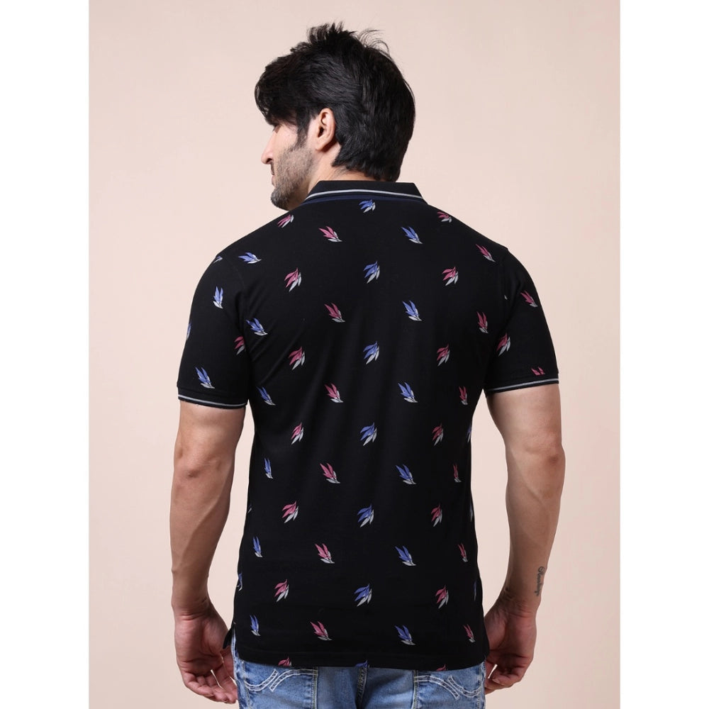 Generic Men's Casual Cotton Printed Polo Neck Half Sleeve T-Shirt (Black)