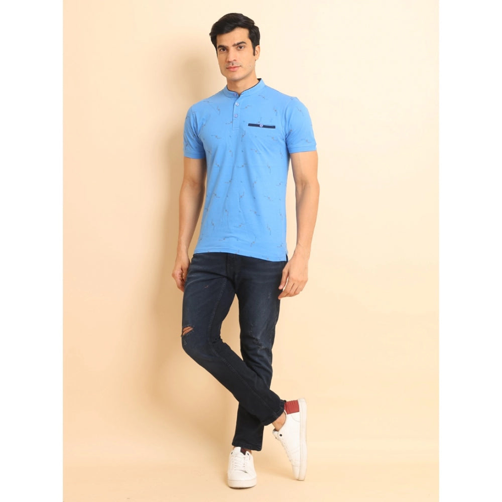 Generic Men's Casual Cotton Printed Mandarin Collar Half Sleeve T-Shirt (LightBlue)