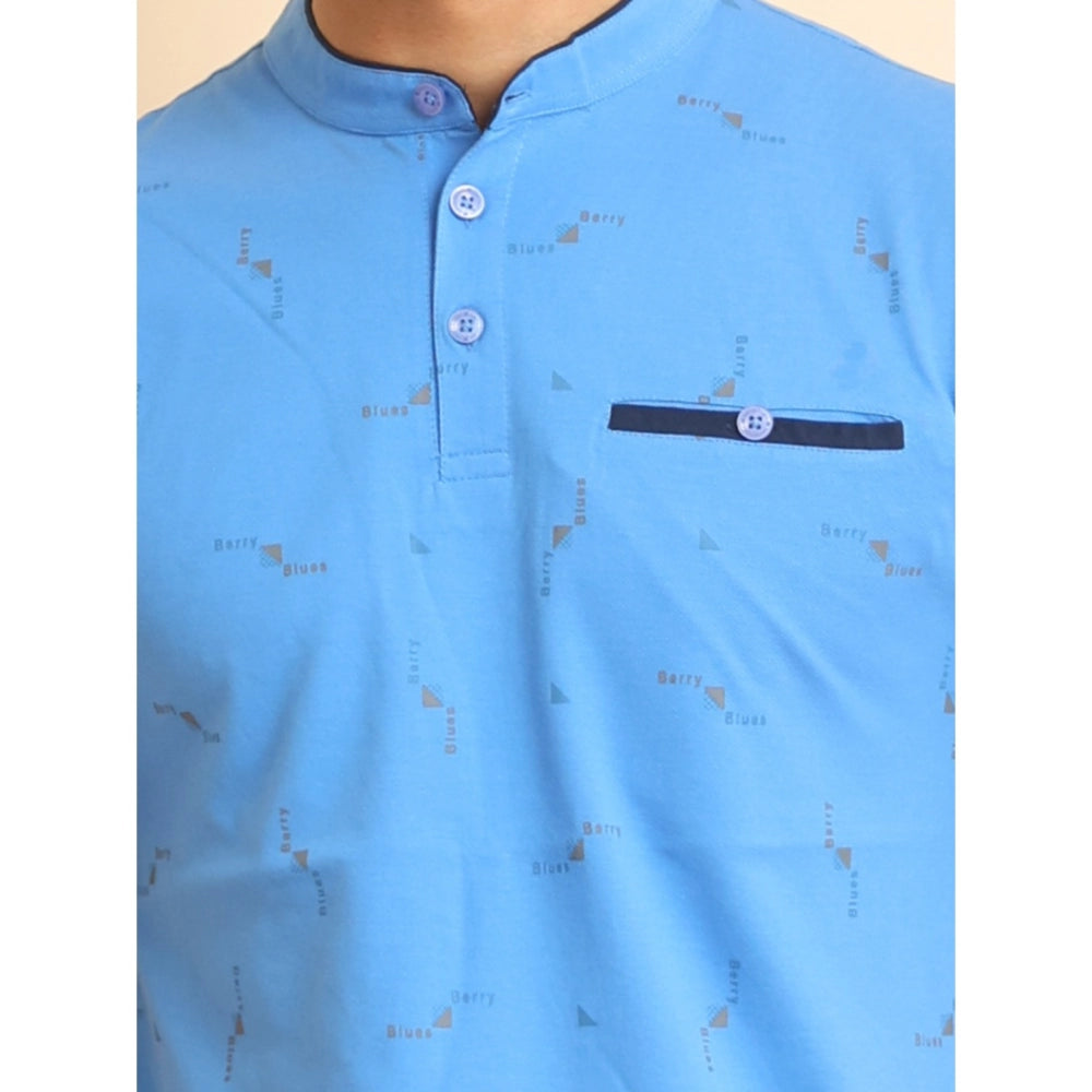 Generic Men's Casual Cotton Printed Mandarin Collar Half Sleeve T-Shirt (LightBlue)