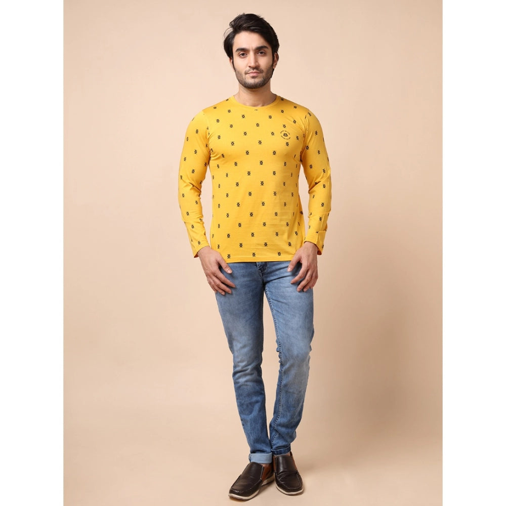 Generic Men's Casual Cotton Printed Round Neck Full Sleeve T-Shirt (Mustard)