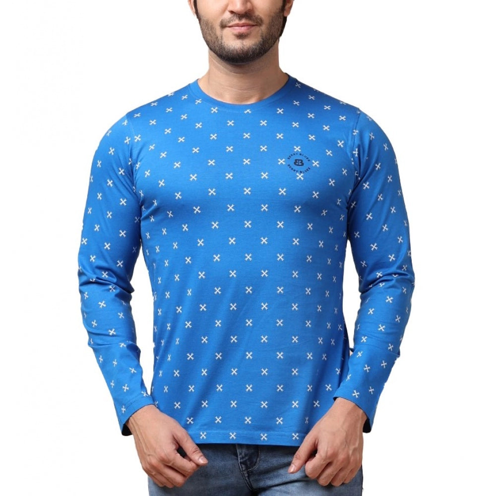 Generic Men's Casual Cotton Printed Round Neck Full Sleeve T-Shirt (Blue)