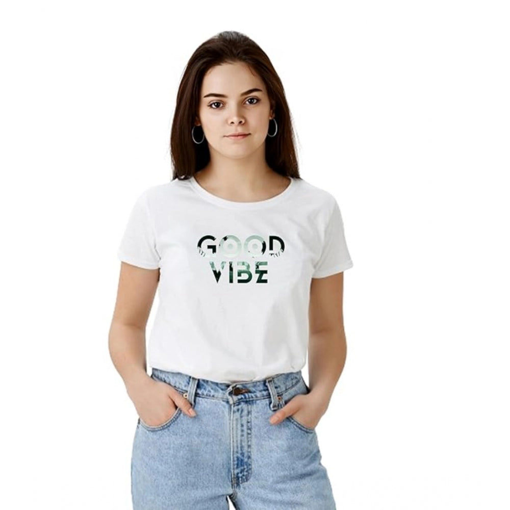 Generic Women's Polyester Solid Printed Round Neck Half Sleeve T-shirt (White)