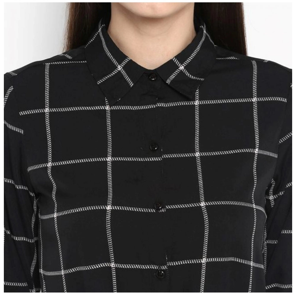 Generic Women's Polyester Checkered Roll Up Sleeve Above Knee Dress (Black - White)