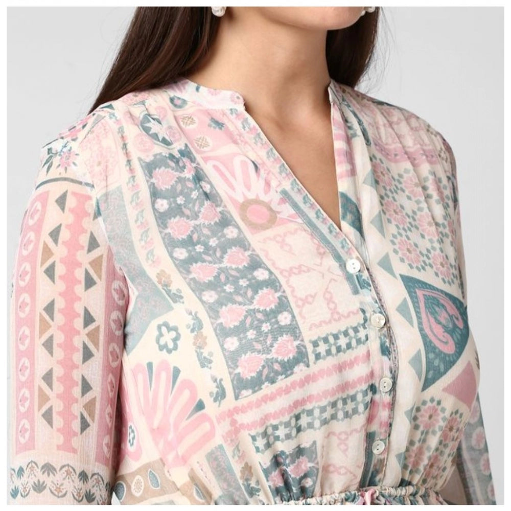 Generic Women's Polyester Printed Long Sleeves Above Knee Dress (Light Pink - Off White)