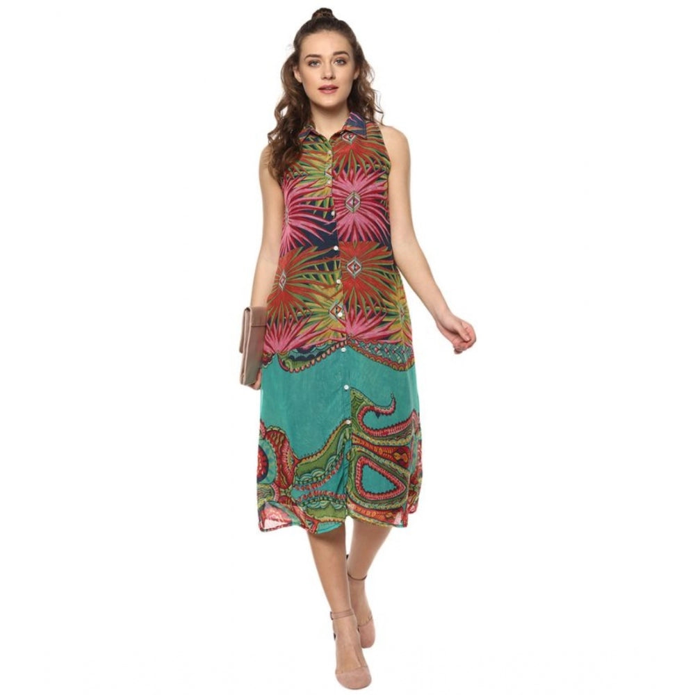 Generic Women's Polyester Floral Sleeveless Below Knee Dress (Multicolor)