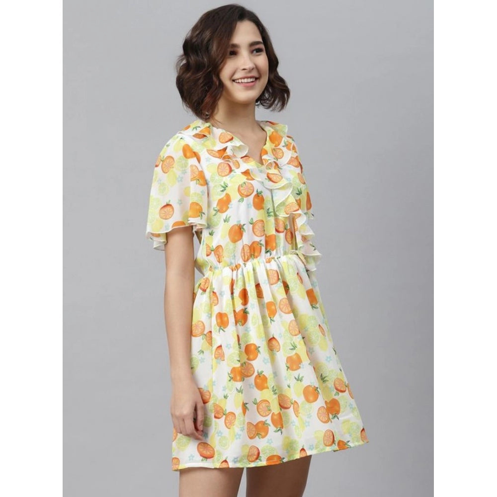 Generic Women's Polyester Printed Flutter Above Knee Dress (Yellow - Orange)