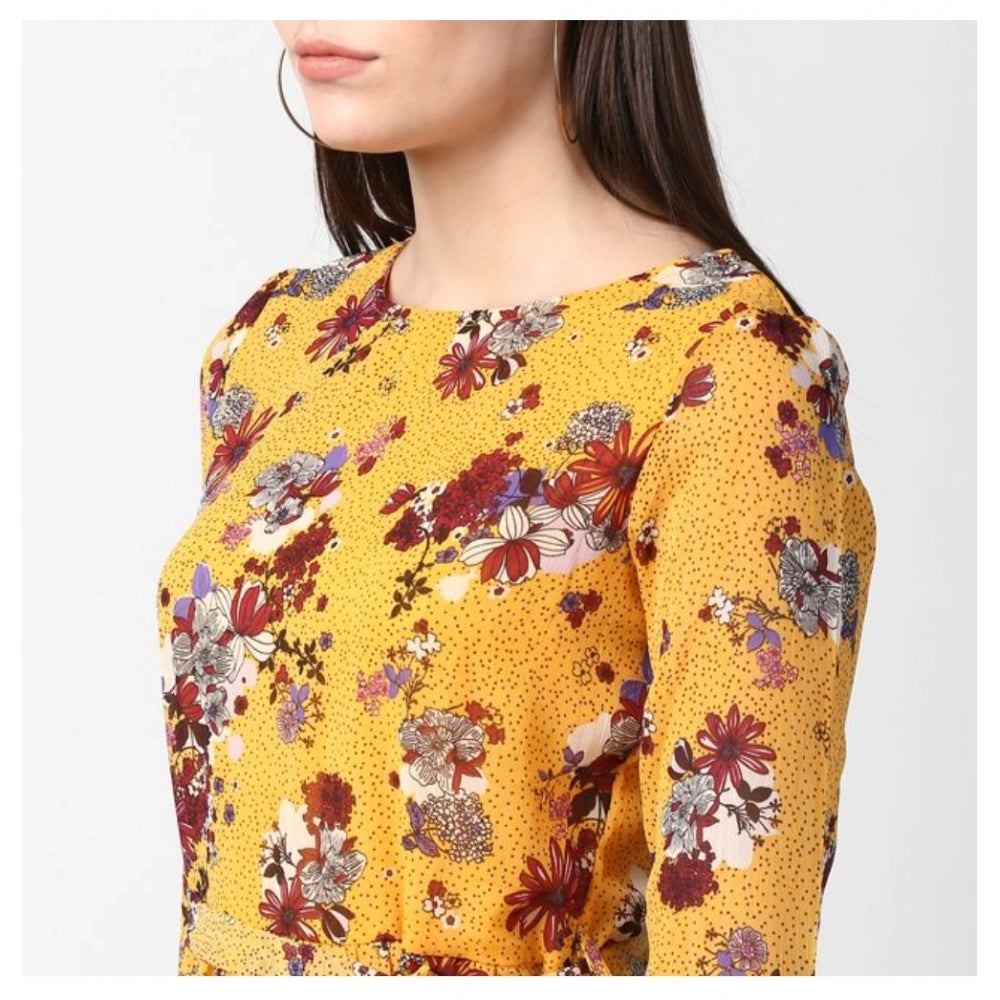 Generic Women's Polyester Floral Long Sleeves Calf-length Dress (Yellow)